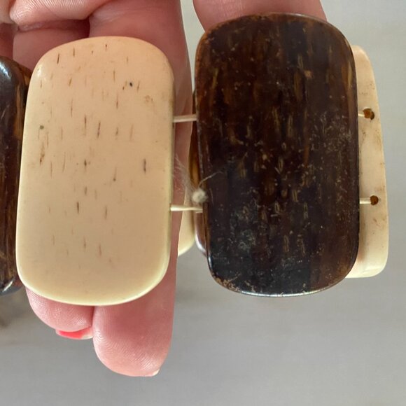 Vintage Brown Cream Chunky Cow Bone Panel Stretch Bracelet Boho Earthy Tribal - Picture 7 of 10